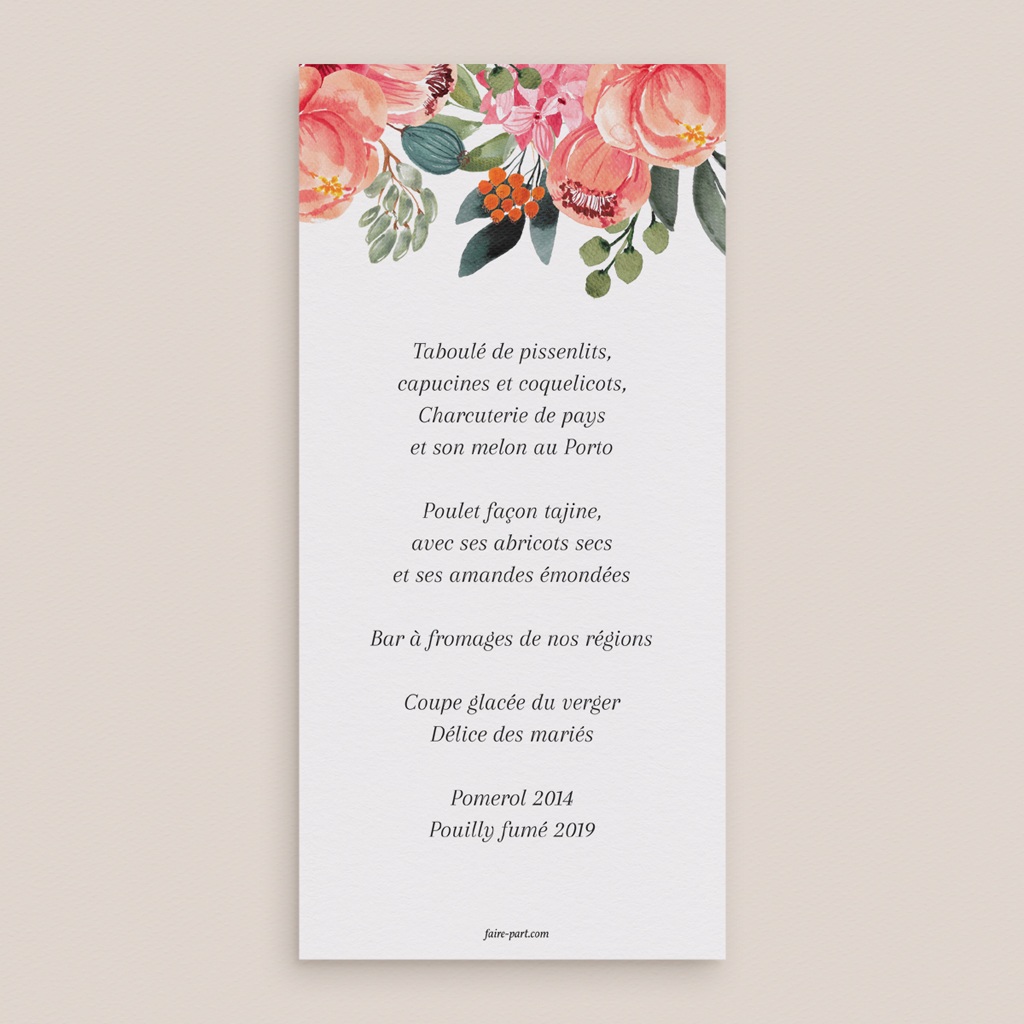 Menu mariage Joie fleurie pas cher