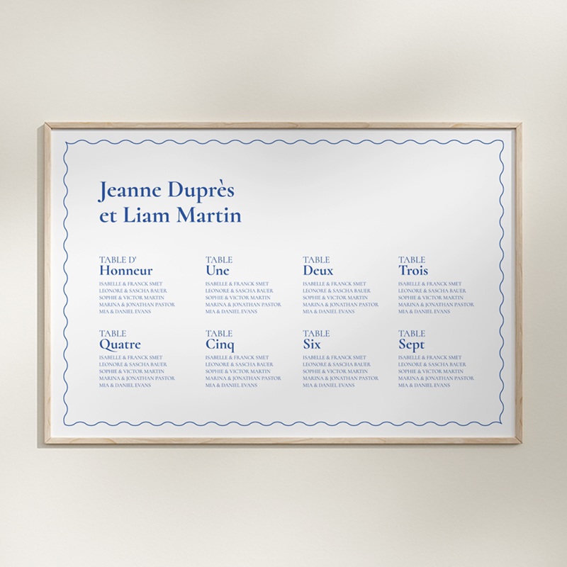 Plan de table mariage Ondulations bleues