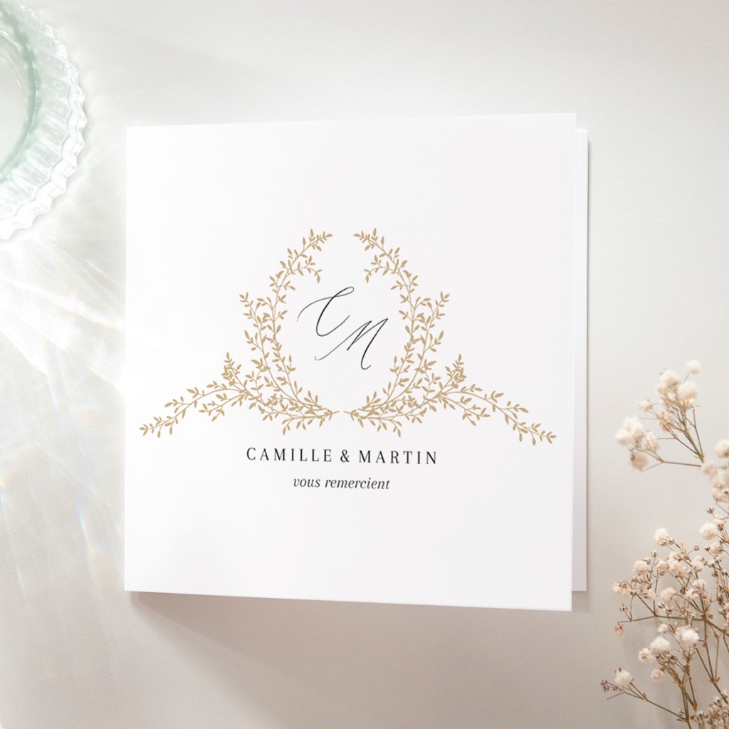 Carte de remerciement mariage Élégance Dorée