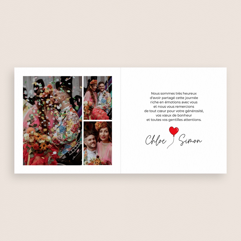 Carte de remerciement mariage Emportés par l’Amour