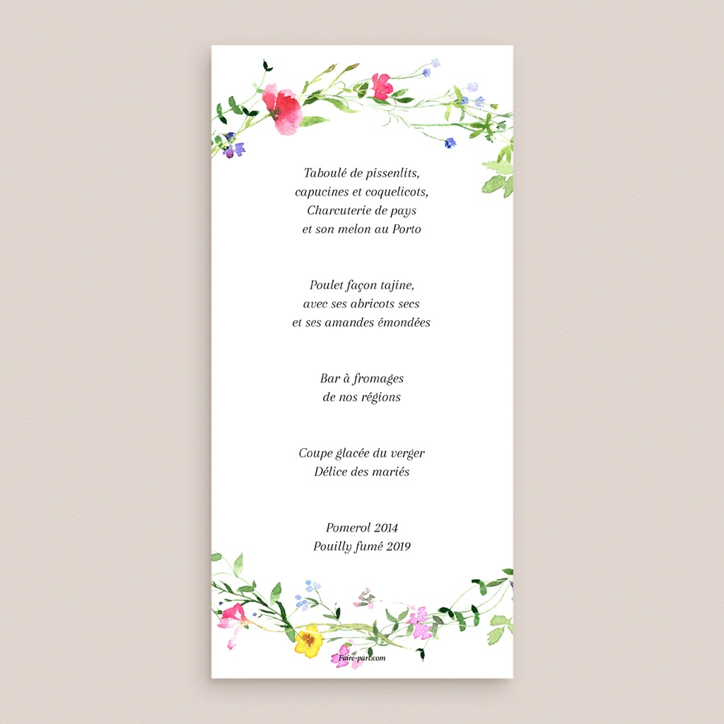 Menu mariage Floralement Vôtre pas cher