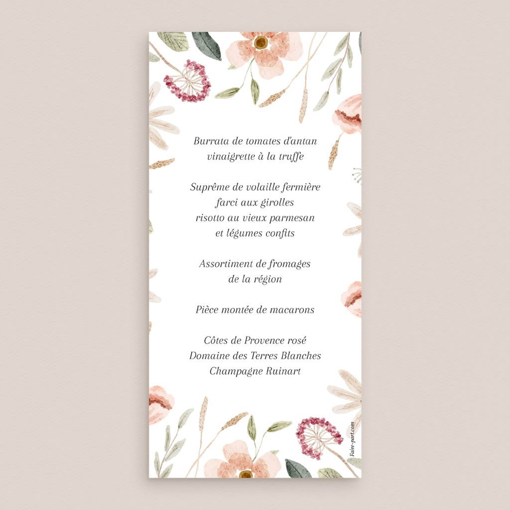 Menu mariage Fleurs de Bonheur pas cher