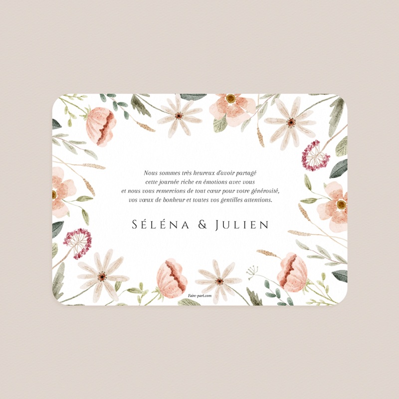 Carte de remerciement mariage Fleurs de Bonheur pas cher
