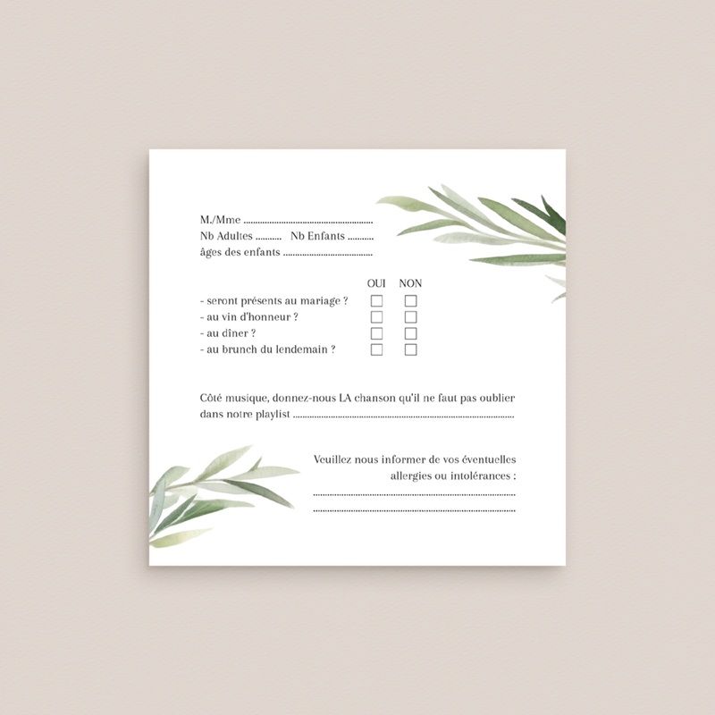 Carton réponse mariage Feuillage d'olivier pas cher