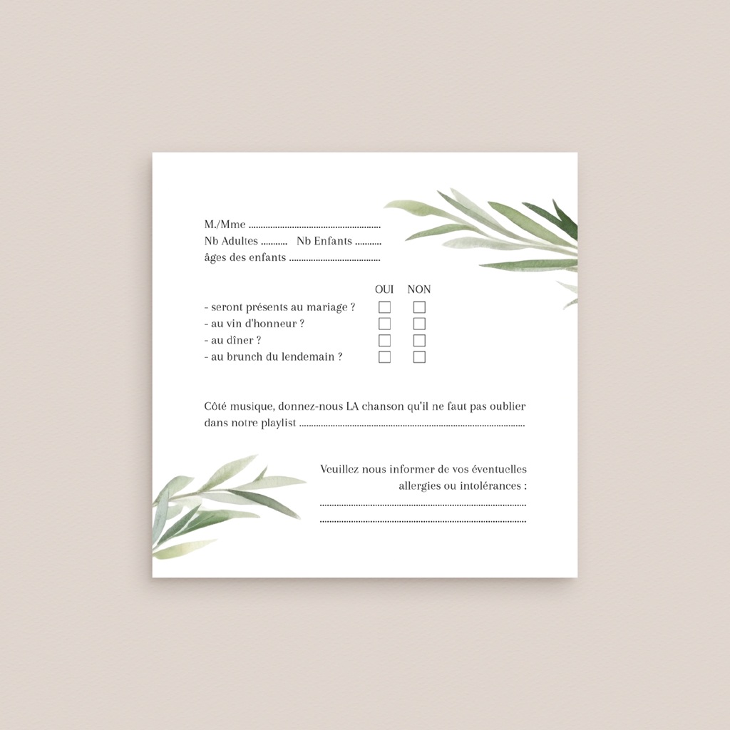 Carton réponse mariage Feuillage d'olivier pas cher