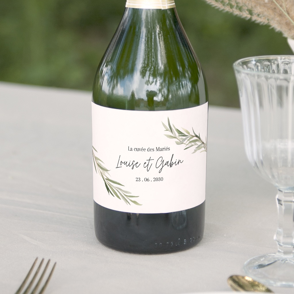 Etiquette bouteille mariage Feuillage d'olivier