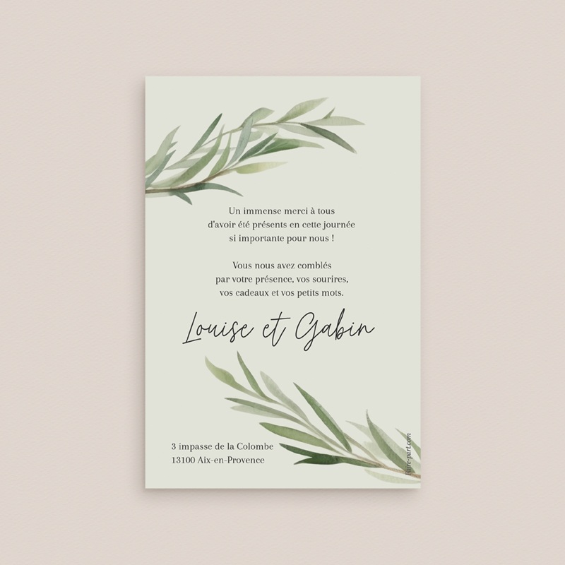 Carte de remerciement mariage Feuillage d'olivier pas cher
