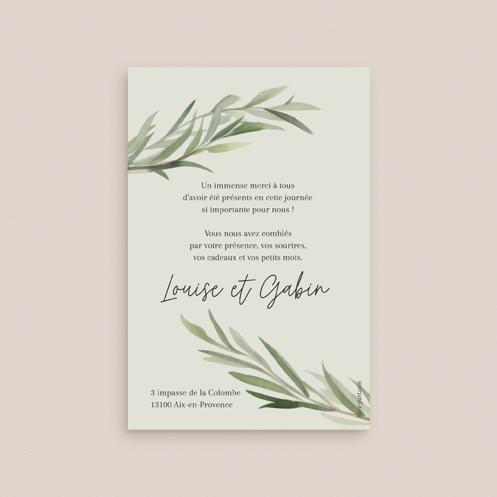 Carte de remerciement mariage Feuillage d'olivier pas cher