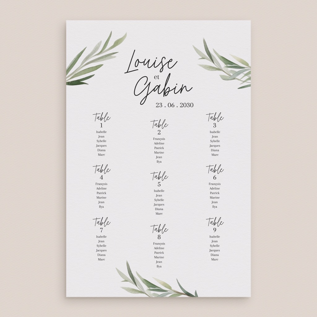 Plan de table mariage Feuillage d'olivier pas cher