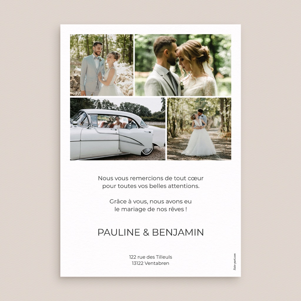 Carte de remerciement mariage Le Temps Suspendu pas cher