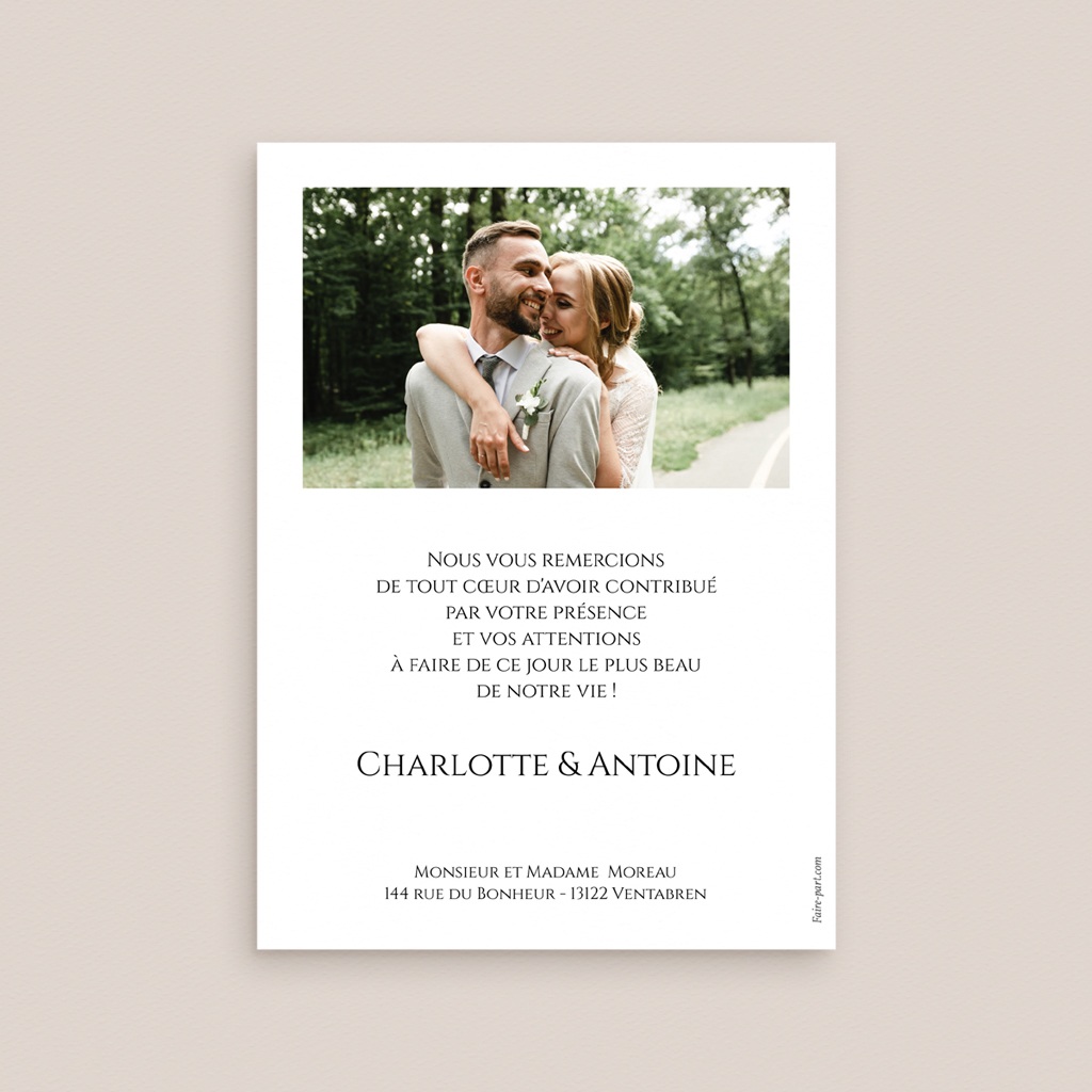 Carte de remerciement mariage Instants Partag&eacute;s pas cher