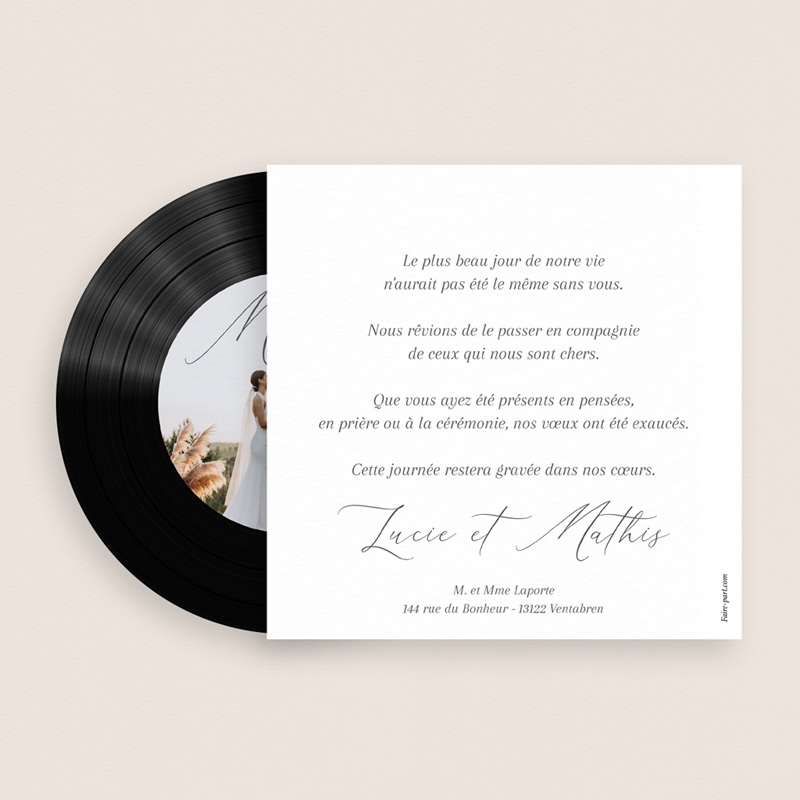 Carte de remerciement mariage Le Bonheur Continue gratuit